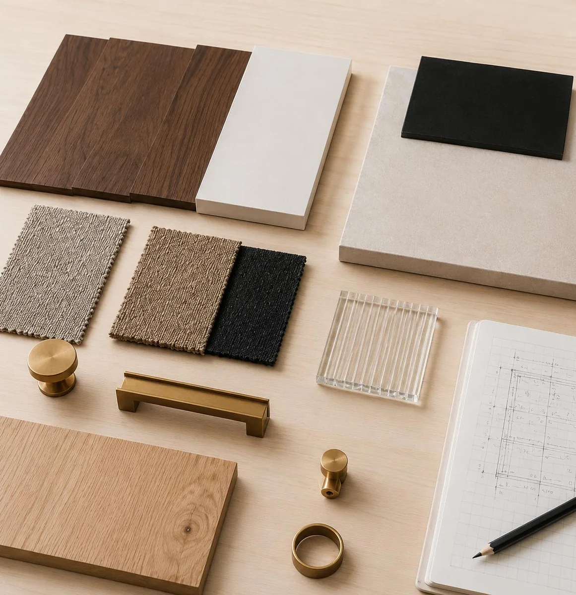Materialmuster, Skizze und Beschläge als Grundlage für einen Einbau nach Maß